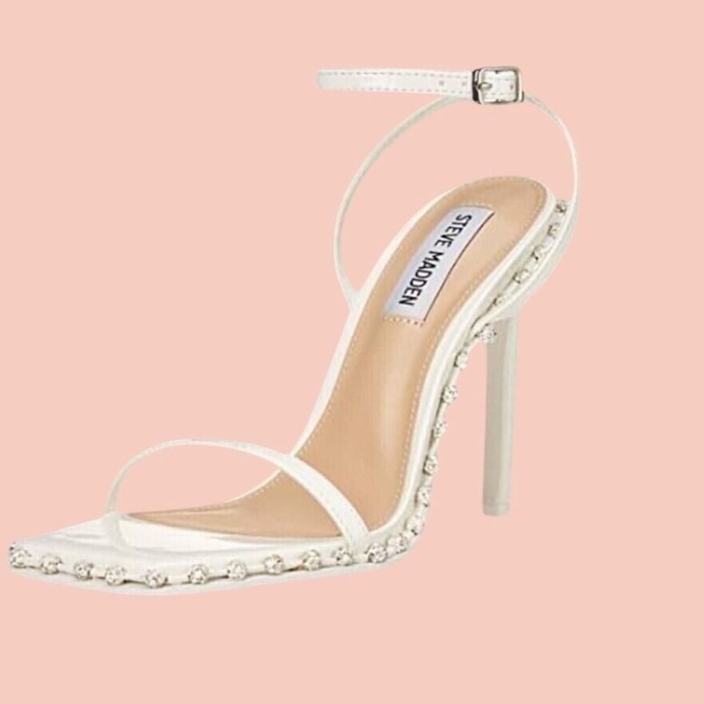 Steve Madden Zelle White Rhinestone Square Toe Stiletto Sandals Womens 6.5M